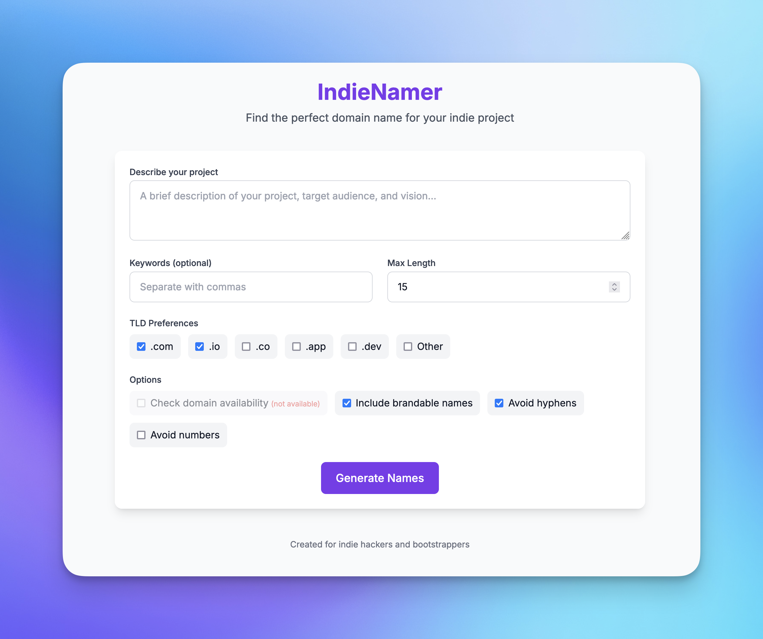 IndieNamer Interface